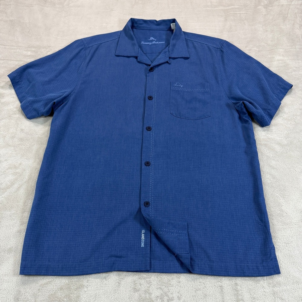 Tommy Bahama IslandZone Mens Large Blue Silk Blend Short Sleeve Camp Shirt EUC